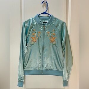 Romeo & Juliet Couture Light Blue Bomber Jacket with Floral Embroidery Size S